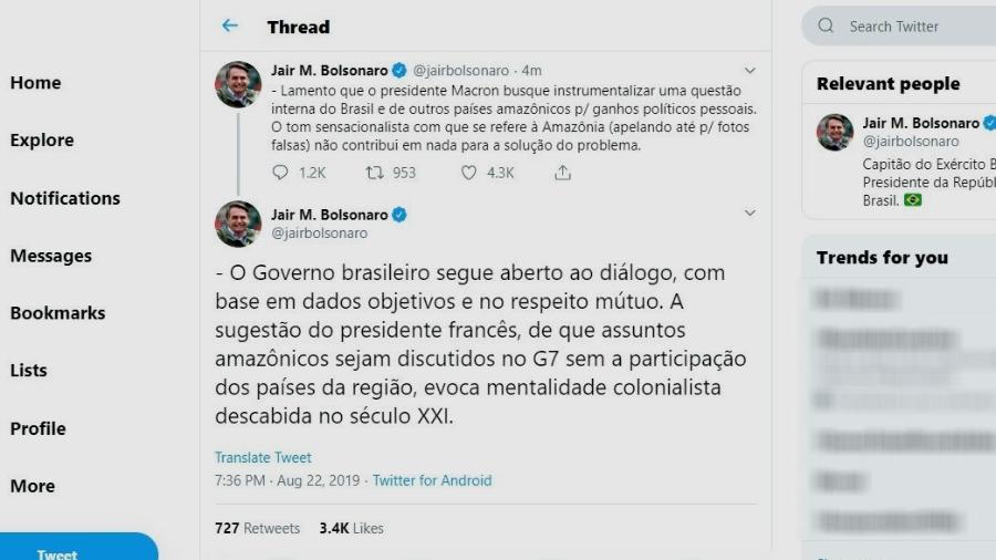 Jair Bolsonaro responde a Emmanuel Macron no Twitter - Reprodução