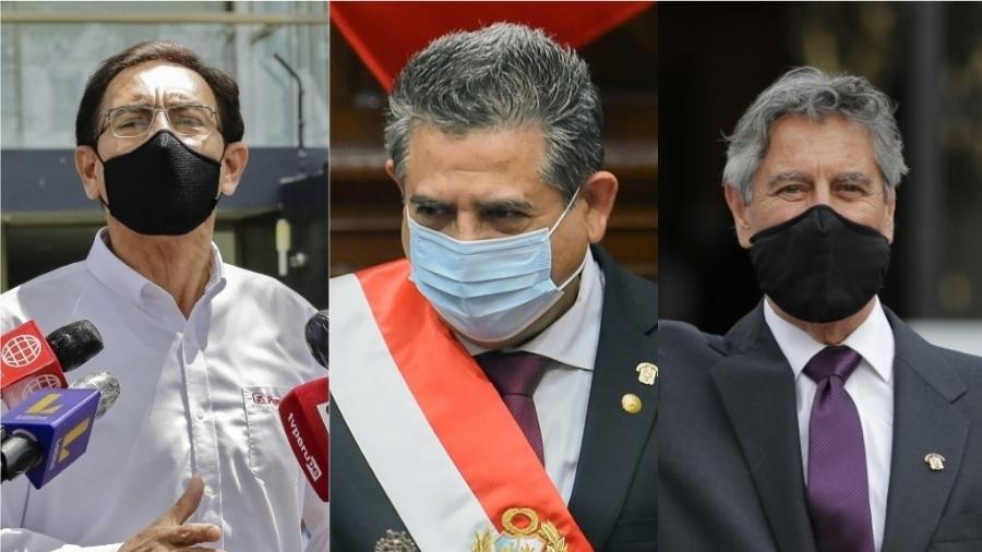 Martín Vizcarra, Manuel Merino e Francisco Sagasti ocuparam a presidência do Peru na última semana - STR, Cesar Von Bancels e Luka Gonzales/AFP/Arte UOL