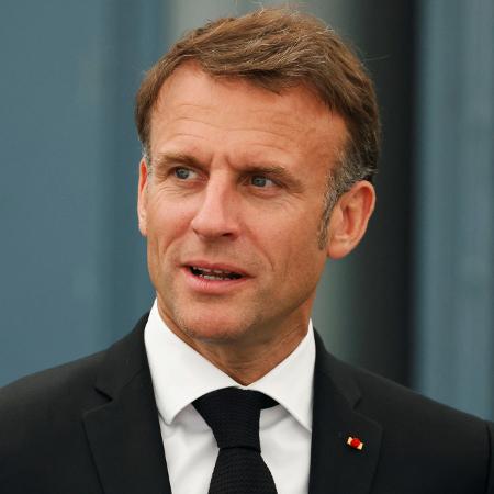 10.jun.2024 - O presidente da Frana, Emmanuel Macron, em cerimnia para marcar o 80 aniversrio do 'Dia D'