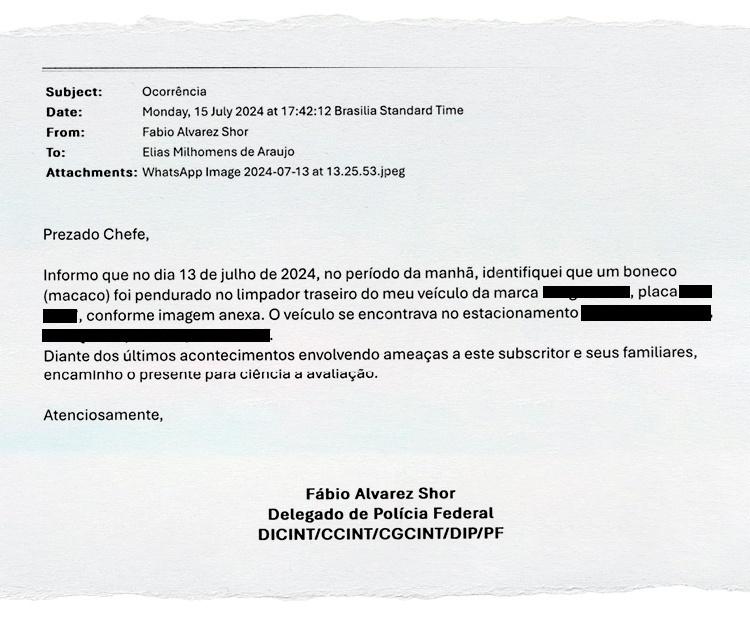 E-mail do delegado Fabio Alvarez Shor relatando ameaças a ele e sua família