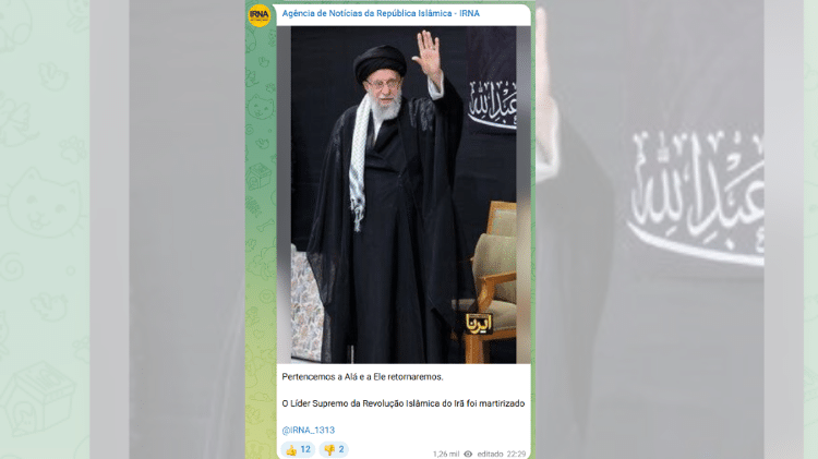 Morte do aiatolá Ali Khamenei foi confirmada pela Irna (Agência de Notícias da República Islâmica)