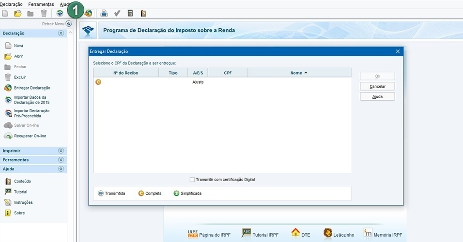 Clique em no botão "Entregar declaração" localizado no menu superior (1)