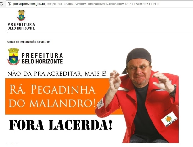 Hackers invadiram o site da Prefeitura de Belo Horizonte e colocaram uma imagem do comediante Sergio Malandro com o rosto do prefeito Marcio Lacerda (PSB) - Reprodução