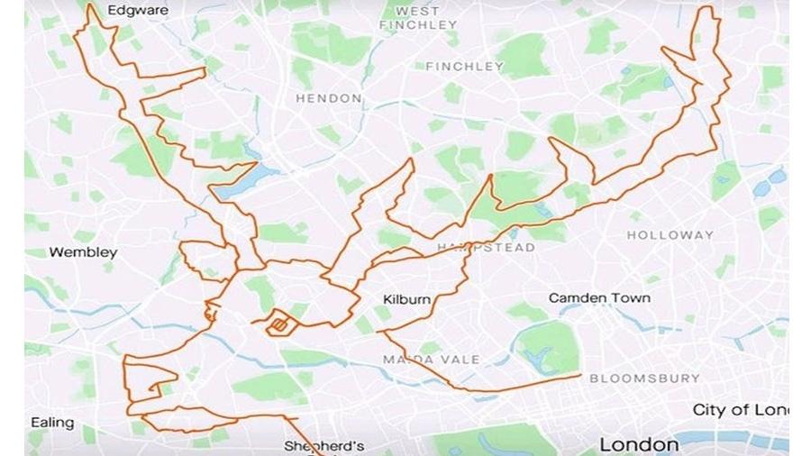 Mapa em forma de rena que foi pedalado por ciclista pelas ruas de Londres - Reprodução/Strava