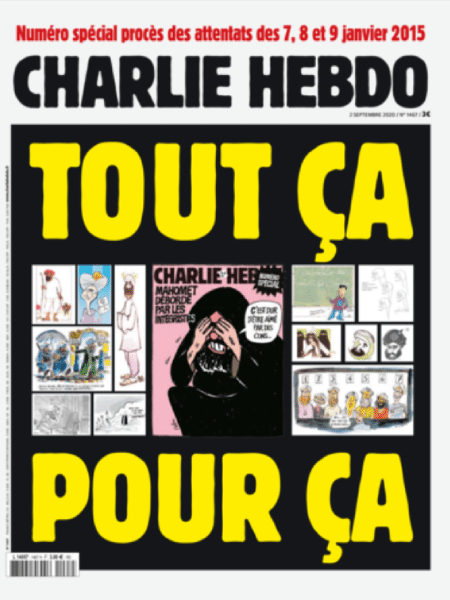 Edição do dia 2 de setembro do jornal Charlie Hebdo, que volta a publicar charges de Maomé. A data marca também o início do julgamento dos suspeitos do atentado contra a redação em 2015 - Divulgação