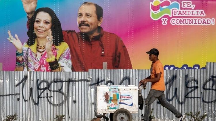Election propaganda poster where Ortega-Murillo won the last election of 2021 with almost no opposition and 7 rival candidates were arrested - Getty Images - Getty Images
