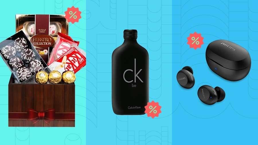Cesta de chocolates, perfume e fones de ouvido Bluetooth são algumas das opções de presentes para o Dia dos Namorados - Arte UOL