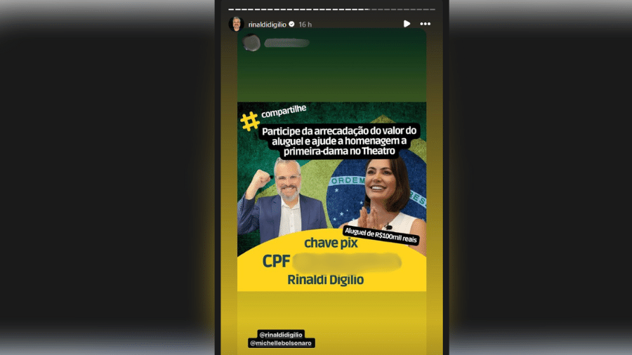 Vereador de São Paulo Rinaldi Digilio (União-SP) republicou a postagem de um apoiador com a sua chave Pix