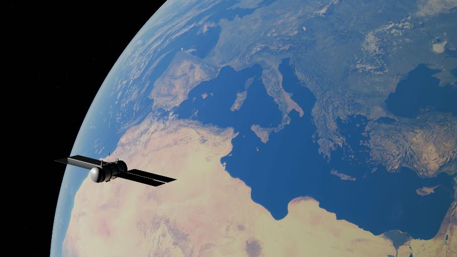 Um satélite orbitando a Terra, mostrando o Mar Mediterrâneo e os continentes ao redor Um satélite orbitando a Terra, mostrando o Mar Mediterrâneo e os continentes ao redor