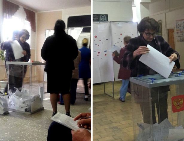 A eleitora Ludmila Sklyarevskaya é fotografada votando duas vezes nas eleições russas - Reuters