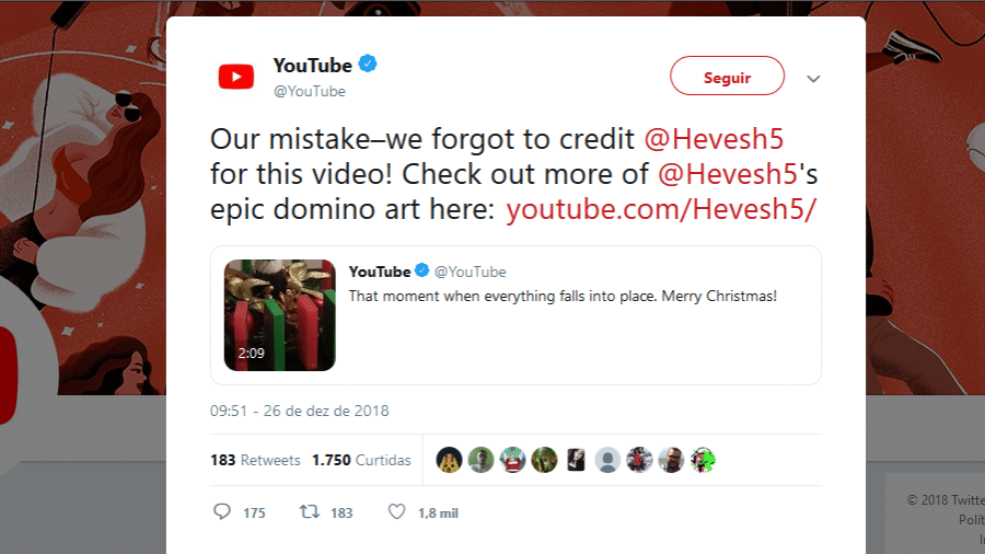 YouTube pede desculpas após republicar vídeo de youtuber sem dar os créditos ou incluir link para conteúdo original - Reprodução/Twitter/@youtube