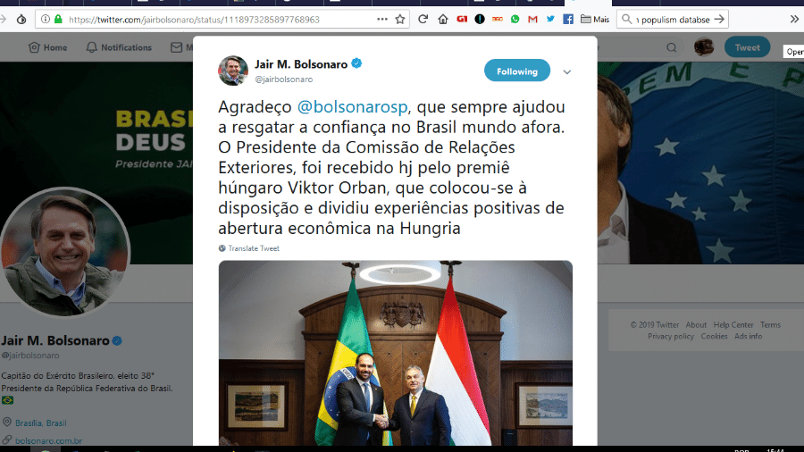 Jair Bolsonaro agradece ao filho na Europa. Ernesto Araújo ficou no Brasil, mas tratou de comércio com China - Reprodução/Twitter/@jairbolsonaro