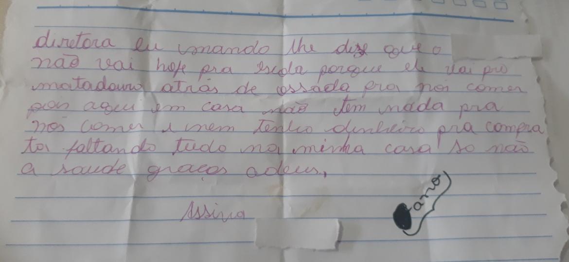 Bilhete que Josefa de Sousa Amorim escreveu para a Escola Delzuite Barroso, em Tarauacá (AC) - Reprodução/Facebook