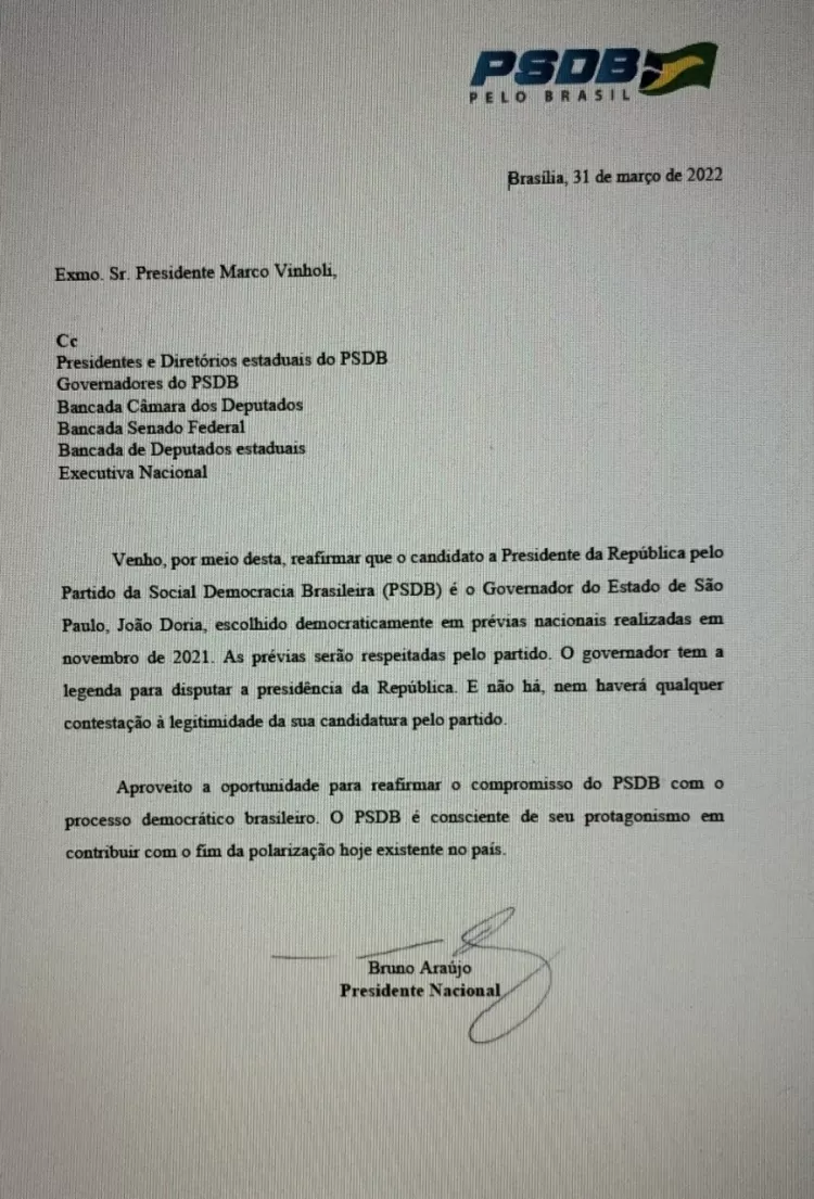 Bruno Araújo diz que Doria deverá concorrer ao Palácio do Planalto - Reprodução/PSDB - Reprodução/PSDB