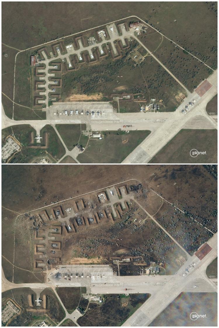 A montage shows satellite images of Saky airbase in Crimea on August 9 and 10 - PLANET LABS PBC/via REUTERS - PLANET LABS PBC/via REUTERS
