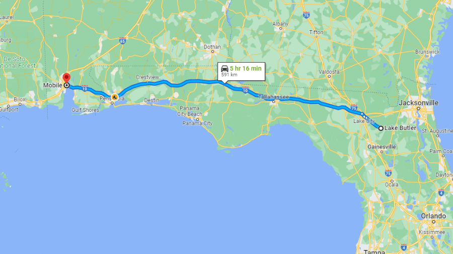 O trajeto aproximado realizado pelas jovens, que partiram da cidade de Lake Butler e foram até Mobile, percorrendo cerca de 600 km - Google Maps