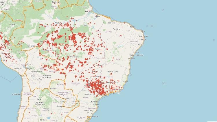 Mapa mostra contração de focos de queimadas em São Paulo nesta sexta-feira