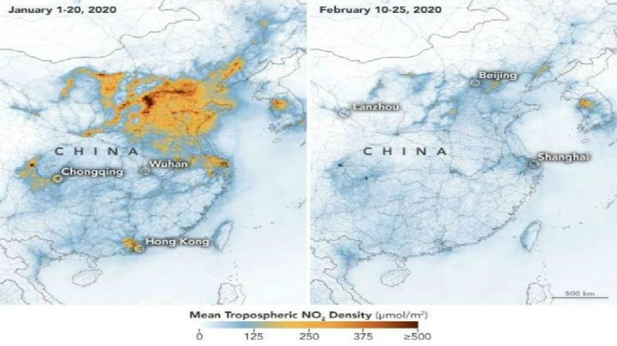 Imagens da NASA mostram queda na poluição na China - Reprodução/Nasa Earth Observatory
