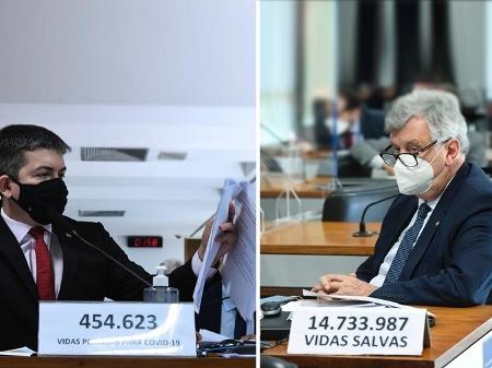 O vice-presidente da CPI, Randolfe Rodrigues (Rede-AP), à esquerda; e o governista Luis Carlos Heinze (Progressistas-RS), à direita. - Arte UOL