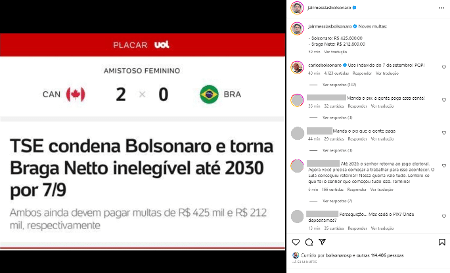  O ex-presidente Jair Bolsonaro (PL) se posicionou após o TSE tornar ele e Braga Netto inelegíveis