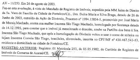 Passagem da terra para o nome de Iracema no Cartório de Acaraú (CE), em 2003  