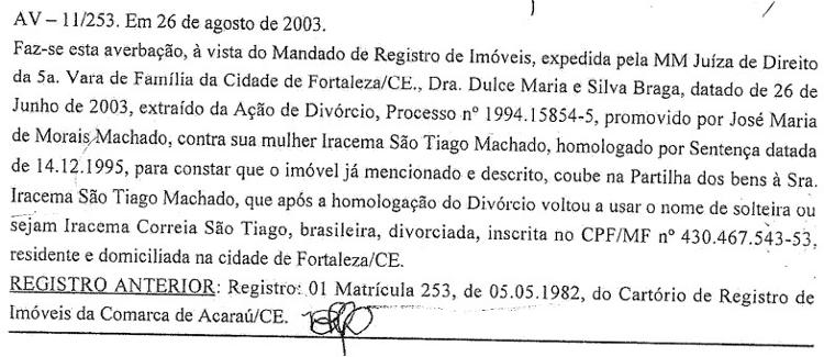 Passagem da terra para o nome de Iracema no Cartório de Acaraú (CE), em 2003  