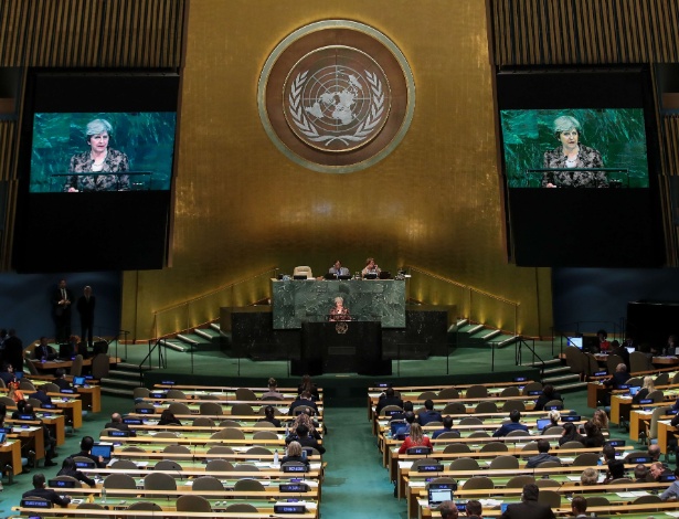 20.set.2017 - Primeira-ministra do Reino Unido, Theresa May, fala durante a Assembleia da ONU - Drew Angerer/AFP
