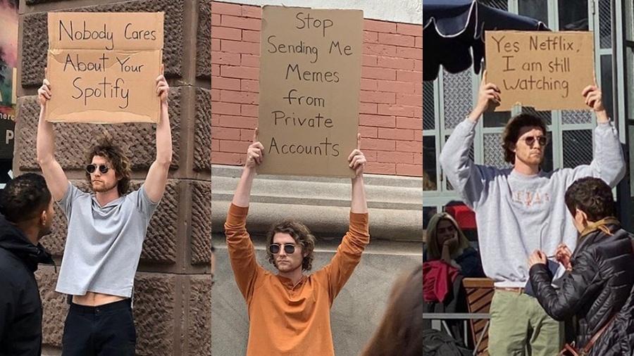 Seth, dono da conta do Instagram @dudewithsign, levanta placas com protestos curiosos - Reprodução/@dudewithsign
