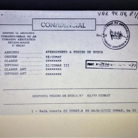 Resposta a um "Pedido de Busca" emitido pela Aeronáutica durante a ditadura militar, em 1977 - Arquivo Nacional/Brasília