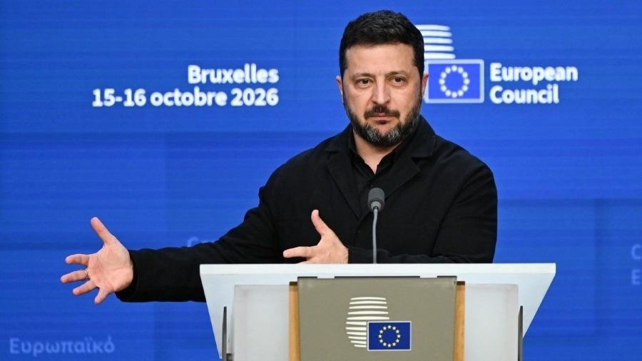 16.out.2026 - O presidente da Ucrânia, Volodimir Zelensky, em uma coletiva de imprensa durante cúpula da União Europeia, na sede da UE em Bruxelas - undefined