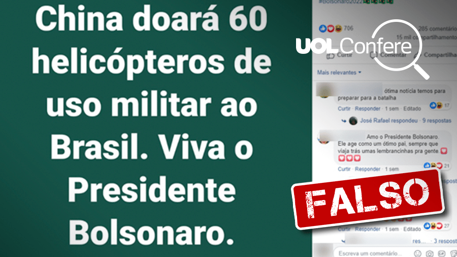 6.nov.2019 - Post mente ao dizer que China doou helicópteros militares ao Brasil - Arte/UOL