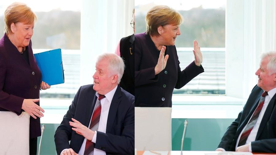Montagem mostra a chanceler alemã Angela Merkel e o ministro do Interior alemão, Horst Seehofer, que cordialmente se recusou a apertar a mão de Merkel por causa das contaminações pelo novo coronavírus - Hannibal Hanschke/Reuters