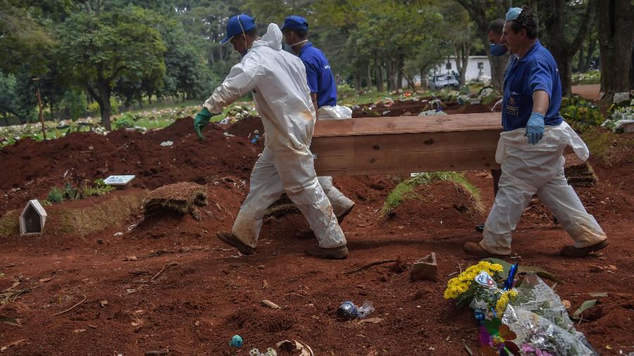 Caixão de vítima da covid-19 é carregado por funcionários do cemitério da Vila Formosa, em São Paulo - Nelson Almeida/AFP