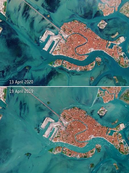 Imagens do espaço mostram como o coronavírus mudou canais de Veneza - Divulgação/Agência Espacial Europeia