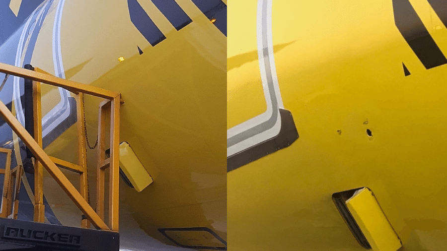 Airbus A320 da Itapemirim foi atingido por um caminhão do serviço de comissaria ontem, no Aeroporto de Guarulhos, na Grande São Paulo. A colisão rendeu um buraco na fuselagem - Reprodução