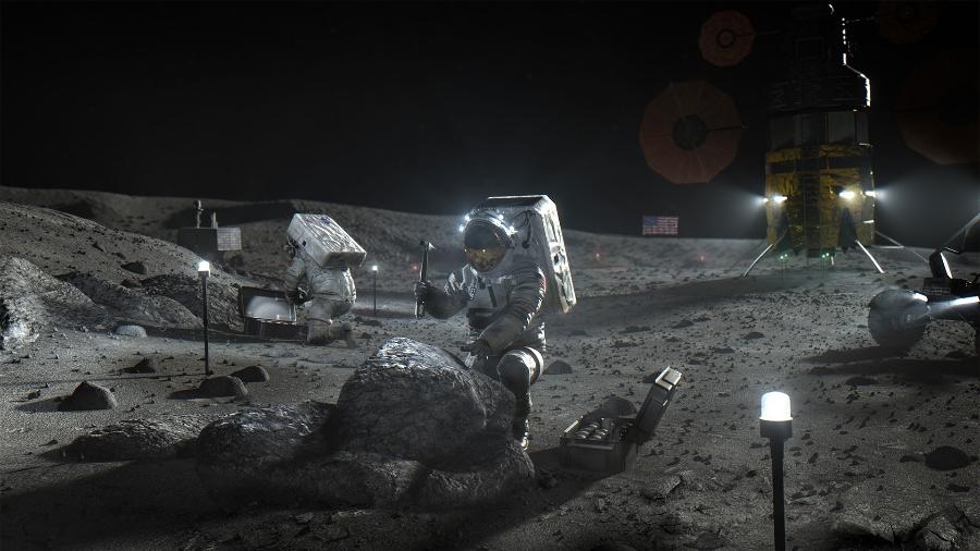 Arte com astronautas explorando a Lua, site do projeto Artemis - Nasa