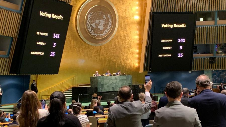 Diplomatas observam resultado final de resolução contra a Rússia na Assembleia-Geral da ONU - Reprodução/ ONU