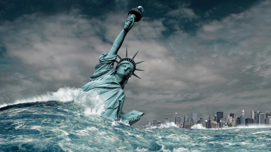 Representação artística de um tsunami atingindo Nova York, nos EUA - jcrosemann/Getty Images