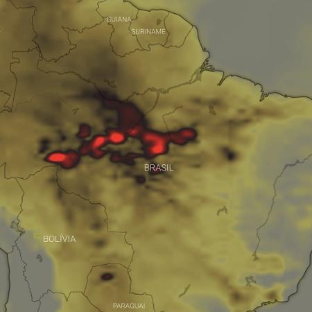 Mapa das 7h de hoje mostra de concentração de CO² em locais onde fogo domina a região - Wind/Reprodução