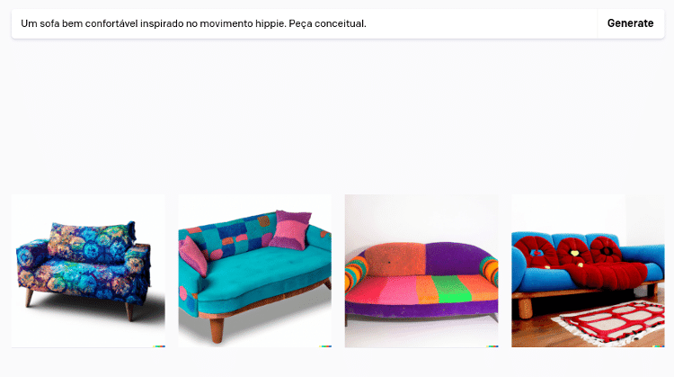 dall-e - Um sofá bem confortável, inspirado no movimento hippie. Peça conceitual - Reprodução - Reprodução