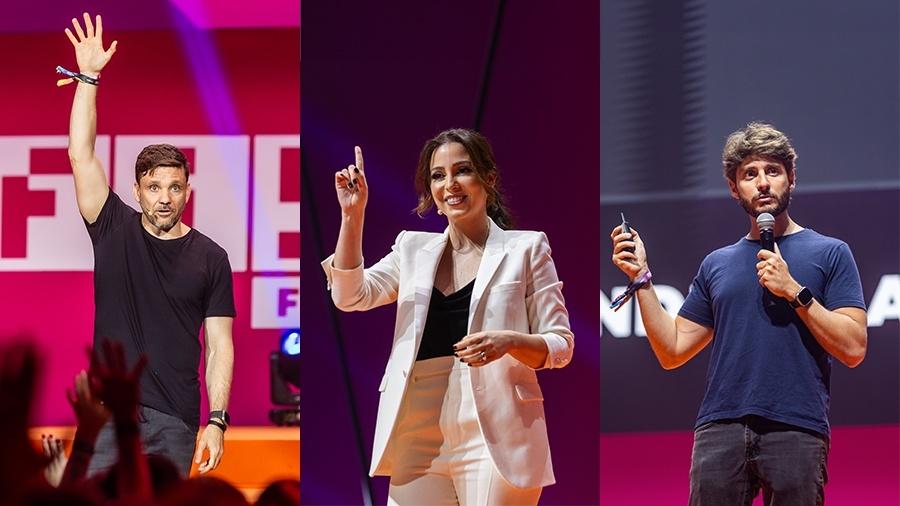 Érico Rocha, Priscila Zillo e Leandro Ladeira, influenciadores do marketing digital, durante o Fire Festival