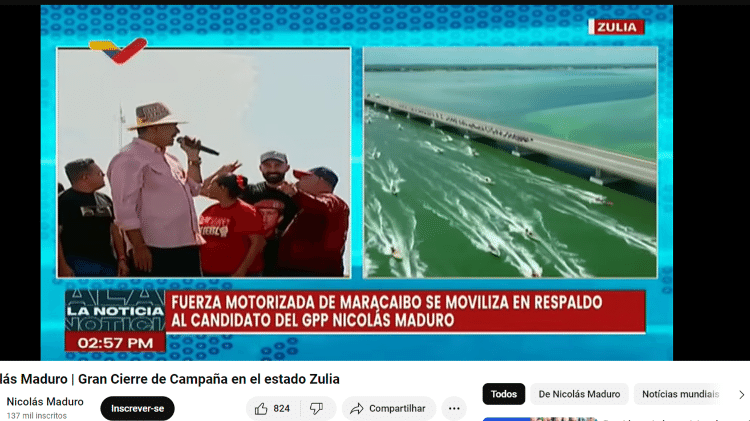 No ato de encerramento da campanha no estado de Zulia, Maduro saudou os pescadores do Lago de Maracaibo