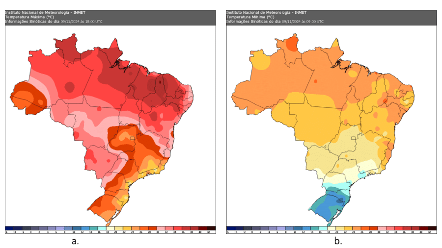 O Sudeste terá temperaturas máximas mais amenas no dia 15, especialmente no leste de São Paulo - Reprodução/Inmet