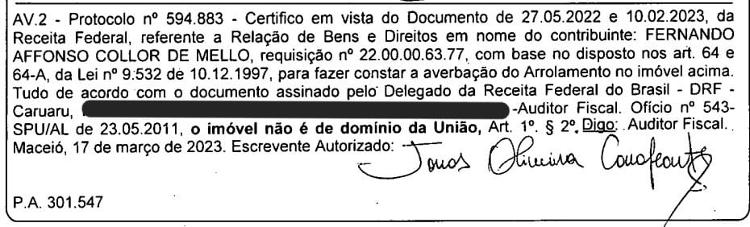 Averbação feita pela Receita de cobertura de Collor