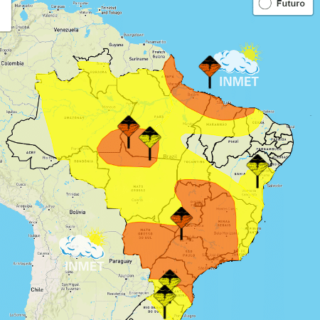 Foram emitidos avisos meteorológicos de perigo (laranja) pelo Instituto Nacional de Meteorologia (Inmet) para o Espírito Santo, Minas Gerais, São Paulo e Rio de Janeiro - Reprodução