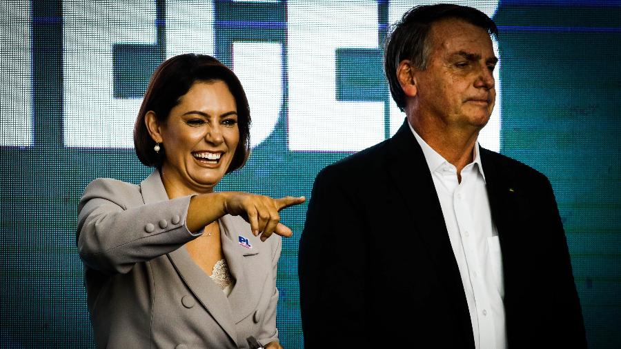 O ex-presidente Jair Bolsonaro e a esposa, Michelle, em evento do PL - ALOISIO MAURICIO/ESTADÃO CONTEÚDO