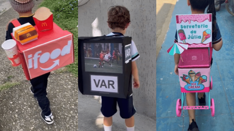 As ideias para a "mochila maluca" seguem: entregador de delivery, cabine do VAR (árbitro de vídeo nos jogos de futebol) e carrinho de sorvete As ideias para a "mochila maluca" seguem: entregador de delivery, cabine do VAR (árbitro de vídeo nos jogos de futebol) e carrinho de sorvete