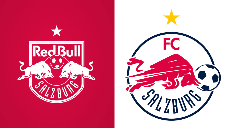 À esquerda, escudo original do Red Bull Salzburg. À direita, adaptação feita para participação na Champions League e no Super Mundial de Clubes de 2025 - Reprodução/Facebook/FC Red Bull Salzburg e Reprodução/Instagram/@fcredbullsalzburg