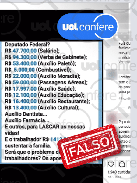 21.jan.2025 - Post traz valores incorretos e benefícios inexistentes a deputados - Arte/UOL sobre Reprodução/Instagram