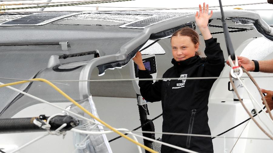28.ago.2019 - A jovem ativista ambiental sueca Greta Thunberg chegou hoje em Nova York após cruzar o Atlântico em um veleiro - Mike Segar/Reuters